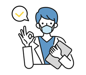 OKサインをする白衣を着てマスクをした男性の看護師/医師のイラスト素材　