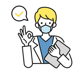OKサインをする白衣を着てマスクをした男性の看護師/医師のイラスト素材　
