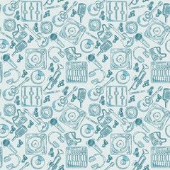 Simple doodles hand drawn Musical seamless pattern with many instruments, with blue tone colors. Can be used for fabric, wallpaper, website, posters, paper, prints, and others.