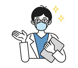 案内や説明をする白衣を着てマスクをした男性の看護師/医師のイラスト素材