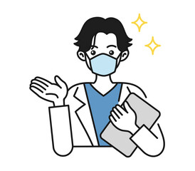 診察をする男性の看護師/医師のイラスト素材. 説明や案内ををする医療従事者. 医療用マスクを着用.