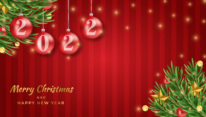 Merry christmas and happy new year banner greeting card with branches and 3d realistic ball