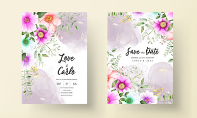 Beautiful floral frame wedding invitation card with watercolor flower and leaves