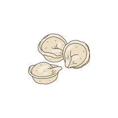 Tasty handmade dumplings from dough, meat in colored sketch vector illustration