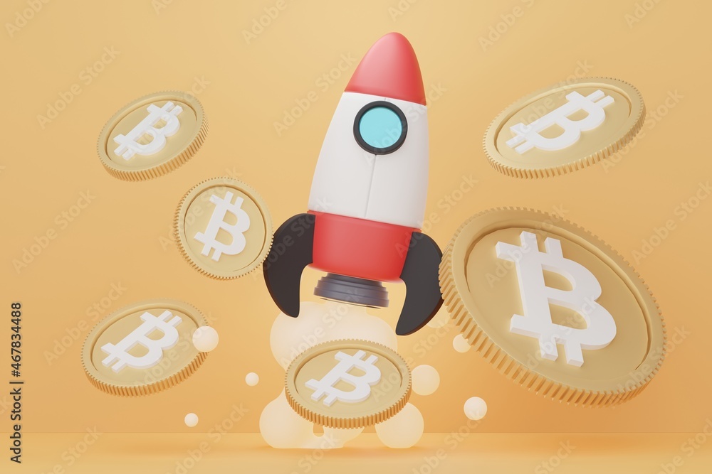 Poster 3d render of stack of bitcoins with rocket to the moon. defi crypto concept. investment management