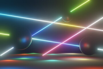 3d render of RGB neon light on darkness background. Abstract Laser lines show at night. Ultraviolet spectrum beam scene