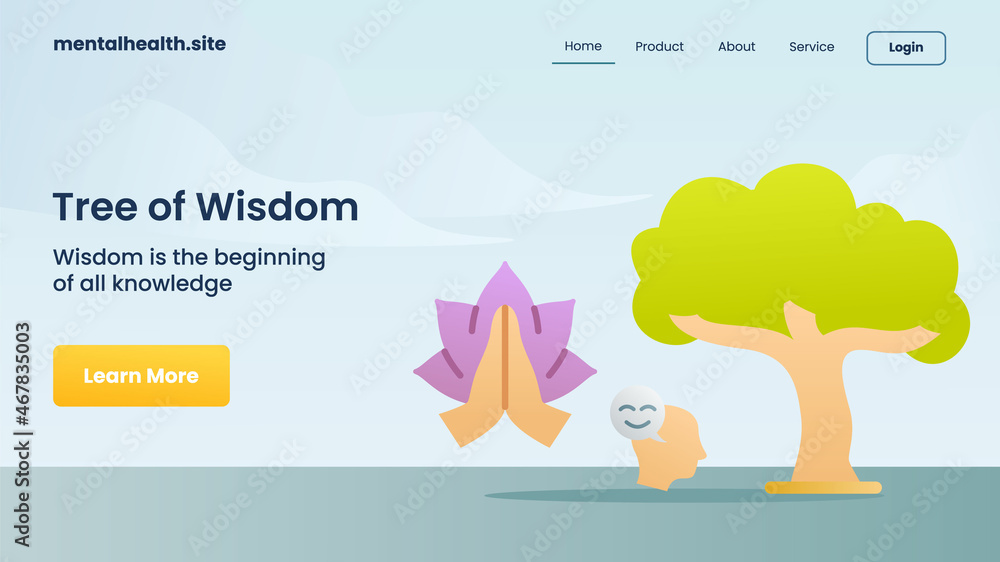 Poster tree of wisdom landing page website modern cartoon flat color style isolated background