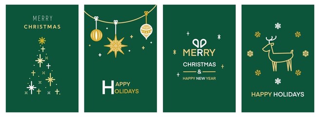Fototapeta na wymiar シンプルでモダンなクリスマスカードセット4種（緑）　Merry Christmas modern card set elements greeting text lettering green background