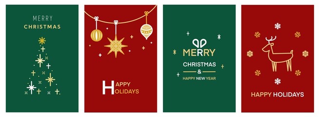 Obraz na płótnie Canvas シンプルでモダンなクリスマスカードセット4種（緑/赤）　Merry Christmas modern card set elements greeting text lettering green and red background