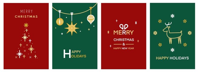 シンプルでモダンなクリスマスカードセット4種（赤/緑）　Merry Christmas modern card set elements greeting text lettering red and green background