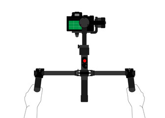 DSLR camera on 3-axis Gimbal with Handheld by Camera operator. DSLR Camera with accessories for video Production and Live Streaming.