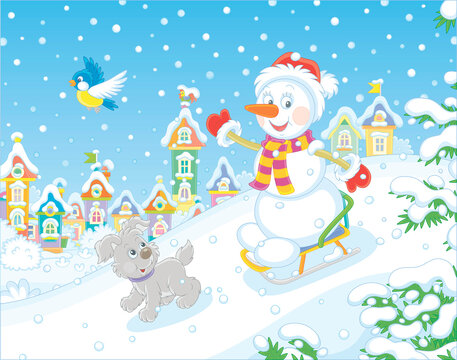Happy little snowman and a merry small puppy cheerfully sledding down a snow hill on a playground in a snowy park of a pretty town on winter holidays, vector cartoon illustration