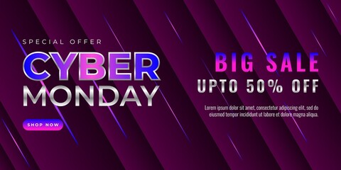 Cyber ​​Monday sale banner template design with blue and pink light effect on dark background for advertising poster or business promotion