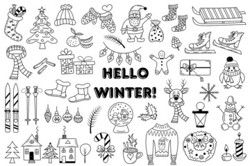 Fototapeta na wymiar Hello winter doodle set. Hand drawn winter and Christmas elements. 