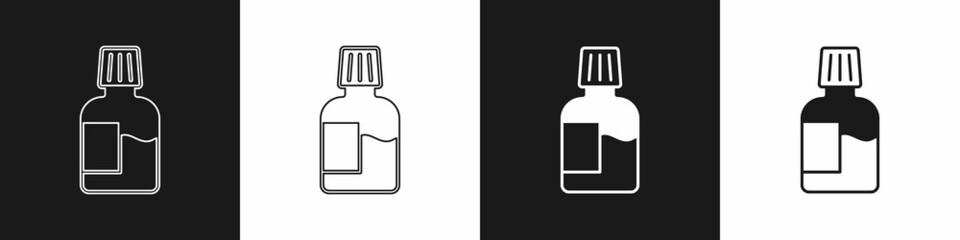 Set Mouthwash plastic bottle icon isolated on black and white background. Liquid for rinsing mouth. Oralcare equipment. Vector