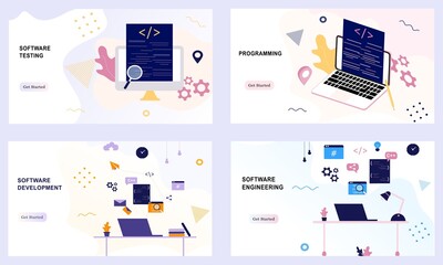 Landing pages of software development coding process concept. Designer, programming, testing cross platform code, app. Create, editing script website and mobile device. Technology software of business