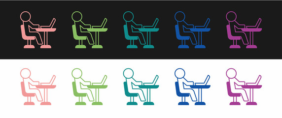 Set Freelancer icon isolated on black and white background. Freelancer man working on laptop at his house. Online working, distant job concept. Vector
