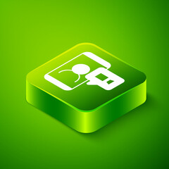Isometric Video chat conference icon isolated on green background. Online meeting work form home. Remote project management. Green square button. Vector