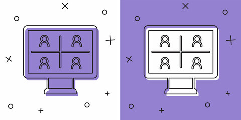 Set Video chat conference icon isolated on white and purple background. Online meeting work form home. Remote project management. Vector