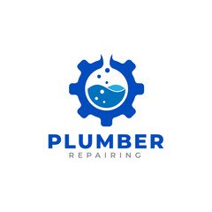 Gear with Water Icon. Plumbing Logo Design Template Element