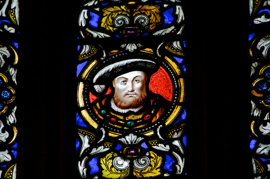 Closeup of Henry VIII In stain glass, The Great Watching Chamber, Hampton Court Palace, United Kingdom 