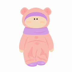 Vector illustration of a little child in a pink warm jumpsuit with bear ears isolated on a white background.