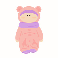 Fototapeta premium Vector illustration of a little child in a pink warm jumpsuit with bear ears isolated on a white background.