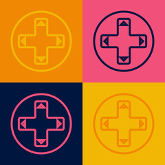 Pop art line Game controller or joystick for game console icon isolated on color background. Vector