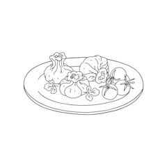 Khinkali or dumplings baozi on plate, black line vector illustration isolated.