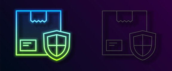 Glowing neon line Delivery security with shield icon isolated on black background. Delivery insurance. Insured cardboard boxes beyond the shield. Vector