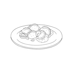 Gyoza dumplings on plate, black line hand drawn vector illustration isolated.