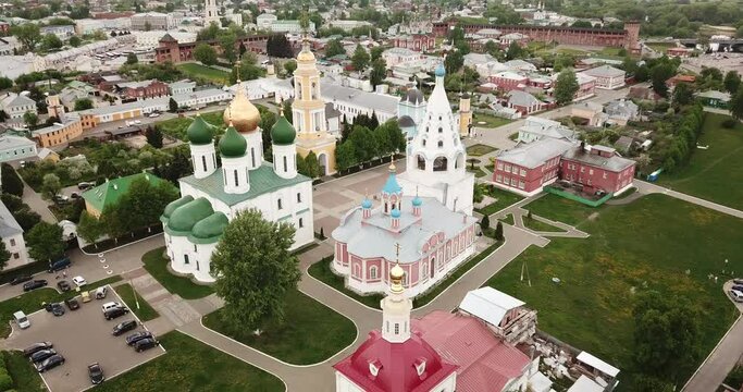 Panoramic view from drone of the church and temple of city Kolomna. Russia