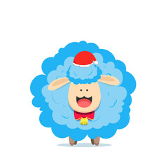 Cute cartoon sheep mascot character. Vector illustration of fluffy sheep feeding with red ribbon, bell, and christmas hat.