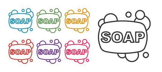 Set line Bar of soap icon isolated on white background. Soap bar with bubbles. Set icons colorful. Vector