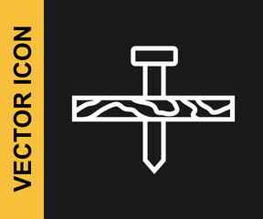 White line Metallic nail and wood plank icon isolated on black background. Vector