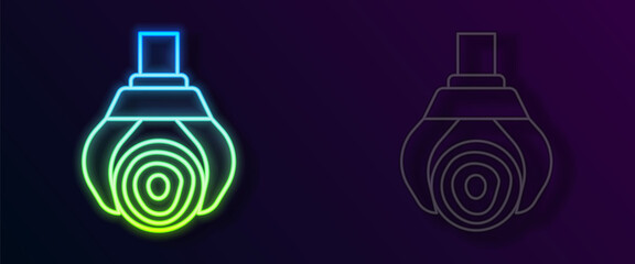 Glowing neon line Grapple crane grabbed a log icon isolated on black background. Forest industry. Industrial crane for lumber trunk wood production. Vector