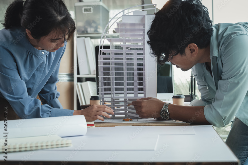 Poster engineer and architects women discussing to concept of building design. estimation for construction 