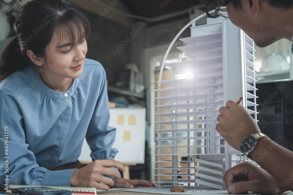 Poster engineer and architects women discussing to concept of building design. estimation for construction 