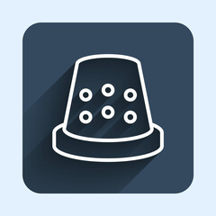 White line Thimble for sewing icon isolated with long shadow background. Blue square button. Vector