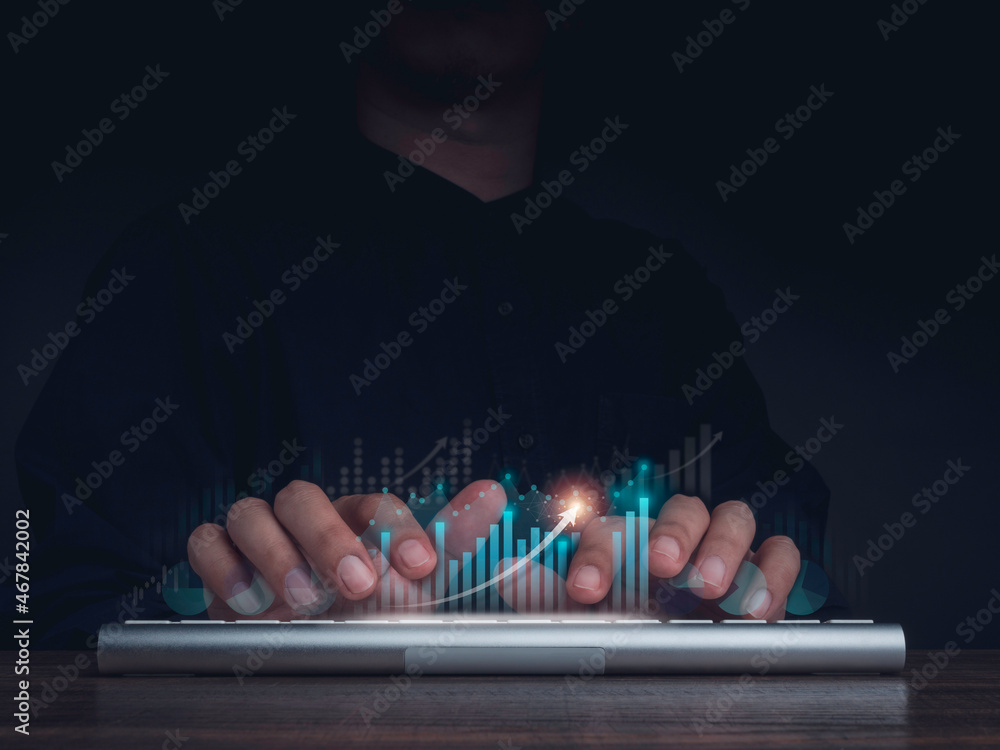 Poster business growth with futuristic virtual chart and graph from laptop. business strategy, analytics, f