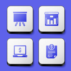 Set Chalkboard, Browser with stocks market, Laptop dollar and Contract money icon. White square button. Vector