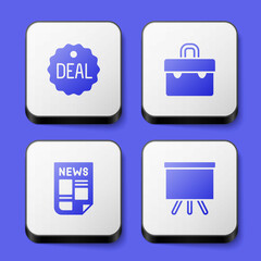 Set Deal, Briefcase, News and Chalkboard icon. White square button. Vector