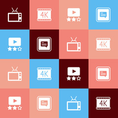 Set pop art Retro tv, 4k movie, Rating and Video with subtitles icon. Vector