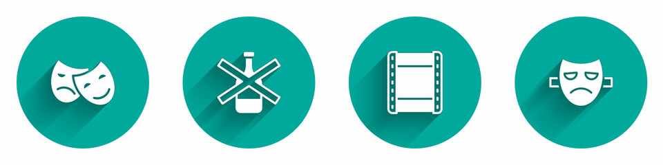 Set Comedy and tragedy masks, No alcohol, Play video and Drama theatrical icon with long shadow. Vector