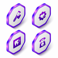 Set Isometric Test tube with blood, Heart cross, Dental clinic location and Emergency call 911 icon. Purple hexagon button. Vector