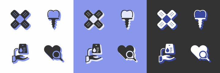 Set Medical heart inspection, Crossed bandage plaster, Blood donation and Dental implant icon. Vector