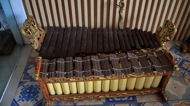 traditional musical instrument from the Indonesian Javanese. The Gamelan music of Indonesia. A set of Javanese gamelan musical instruments.