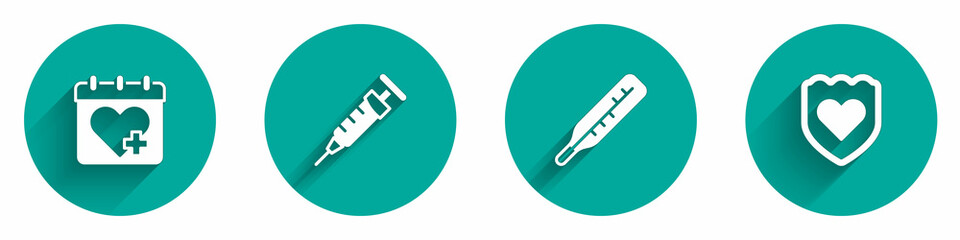 Set Doctor appointment, Syringe, Medical thermometer and Immune system icon with long shadow. Vector