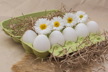 Fresh chicken eggs in a green cardboard box with straw and white flowers. 