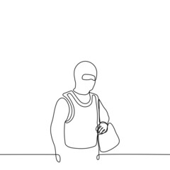 man in balaclava in body armor with a big bag on his left shoulder - one line drawing vector. bank robber concept, law enforcement representative